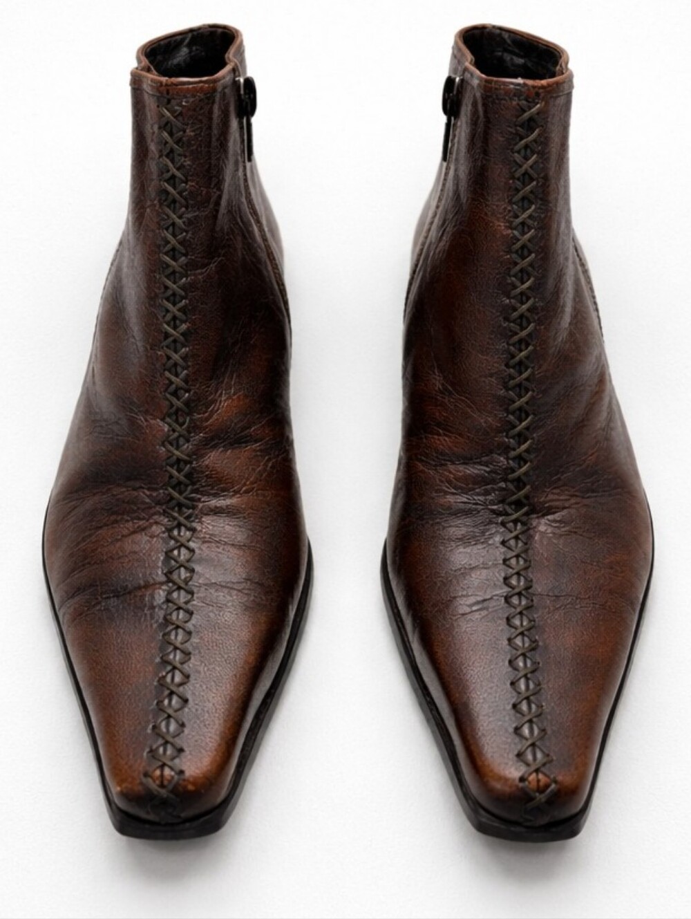 VTG MIMO Italy Brown Leather Ankle Boots Whipstitch Square Toe Heels Size 37.5